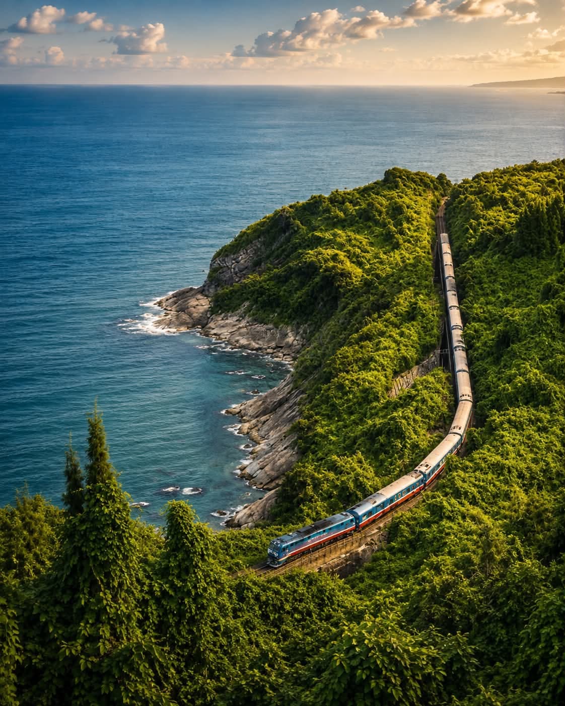 Train winding along a green headland beside the ocean, scenic illustration