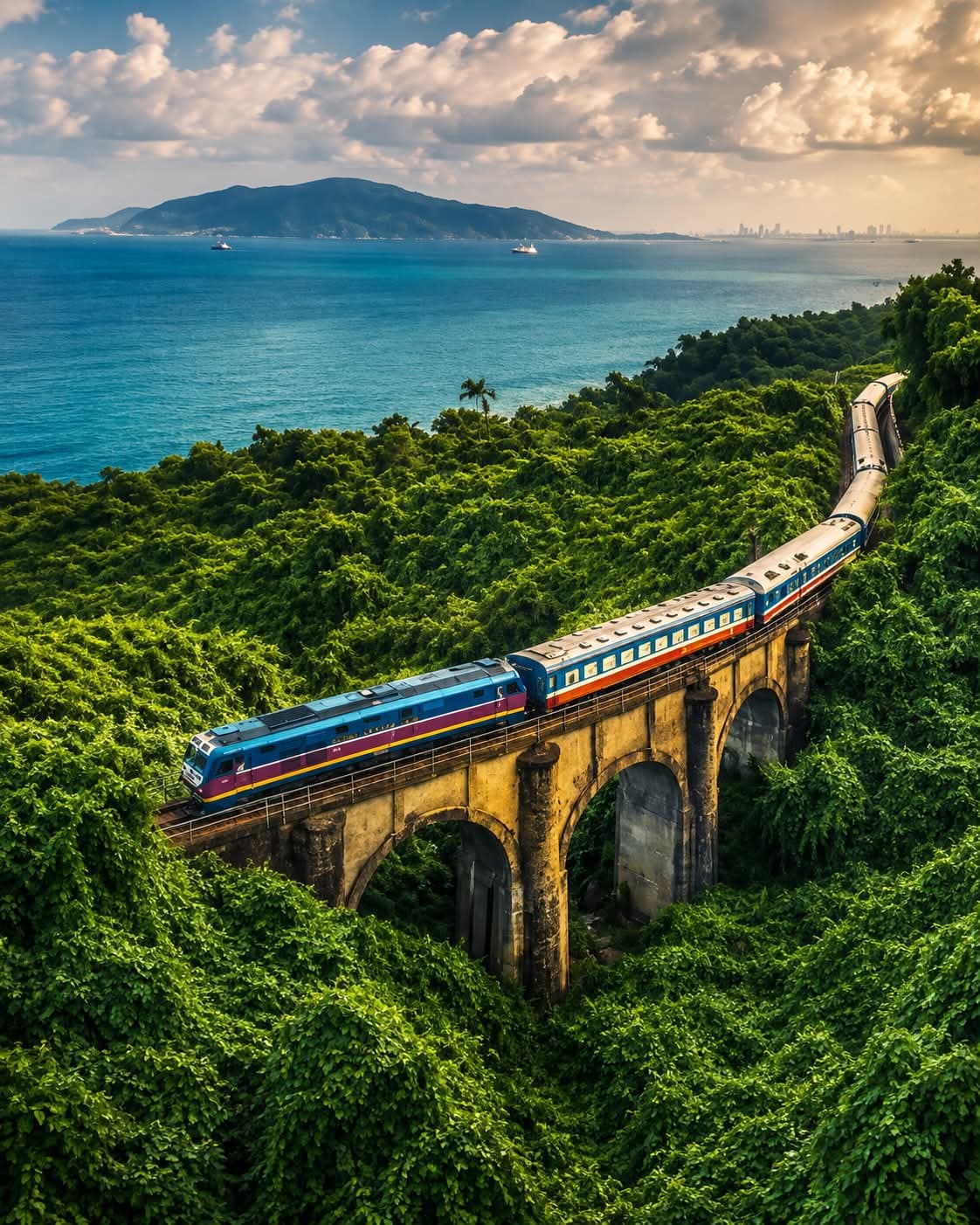 Promotional image of a heritage-style train travelling above green hills near the sea