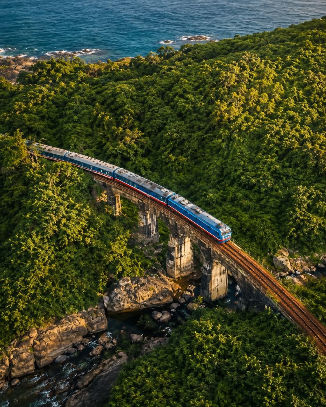 Promotional scenic image of a blue train crossing a green bridge near the coast